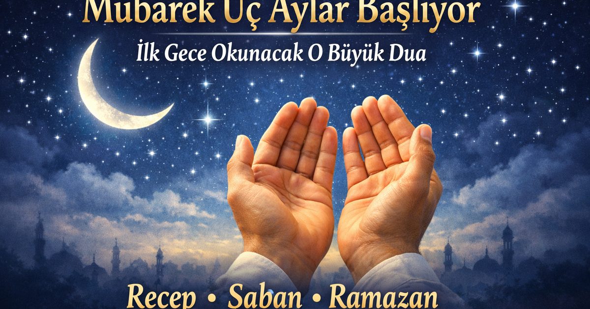 Üç Aylar başlangıcını simgeleyen gece gökyüzü, hilal ve dua eden eller