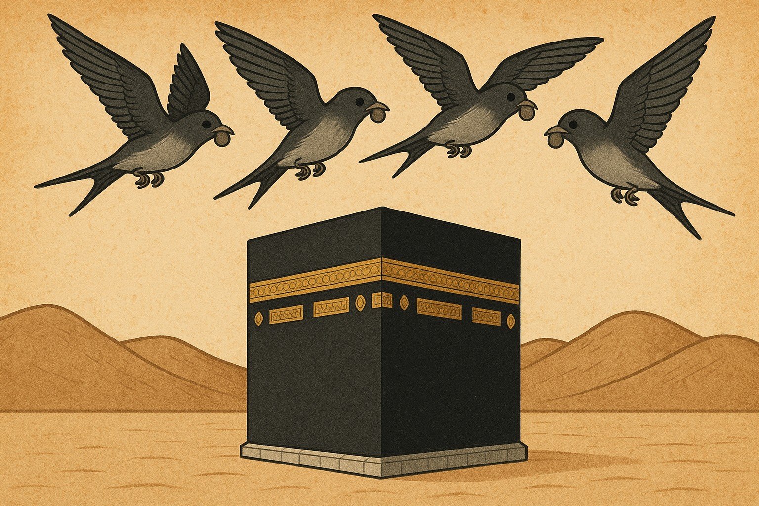 Fil Suresi'ni temsil eden Ebabil kuşları ve Kabe illüstrasyonu